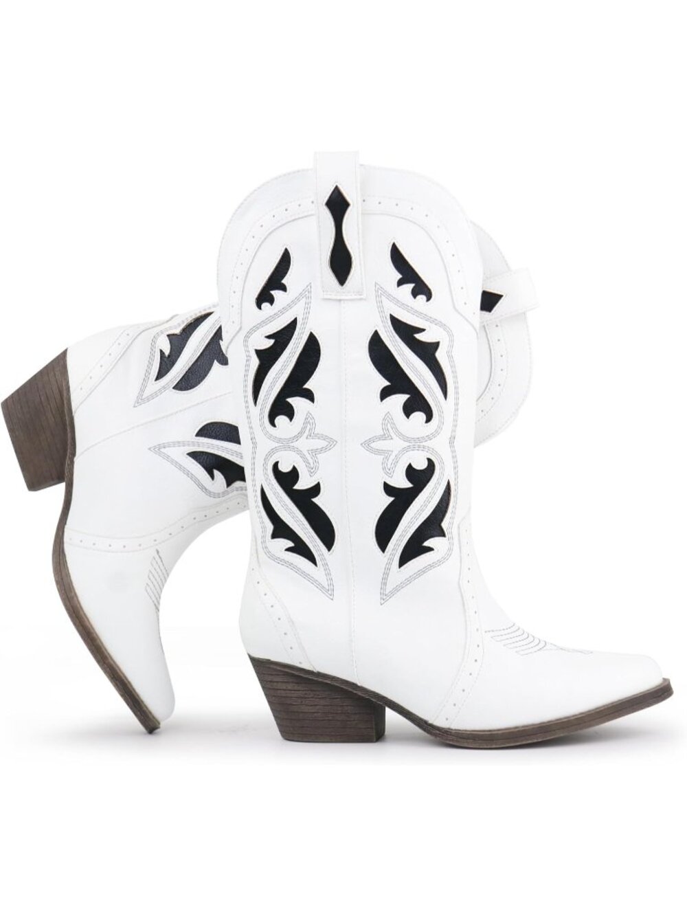 Women’s White Embroidered Western Booties Pointed Toe Chunky Block Heel Pull On